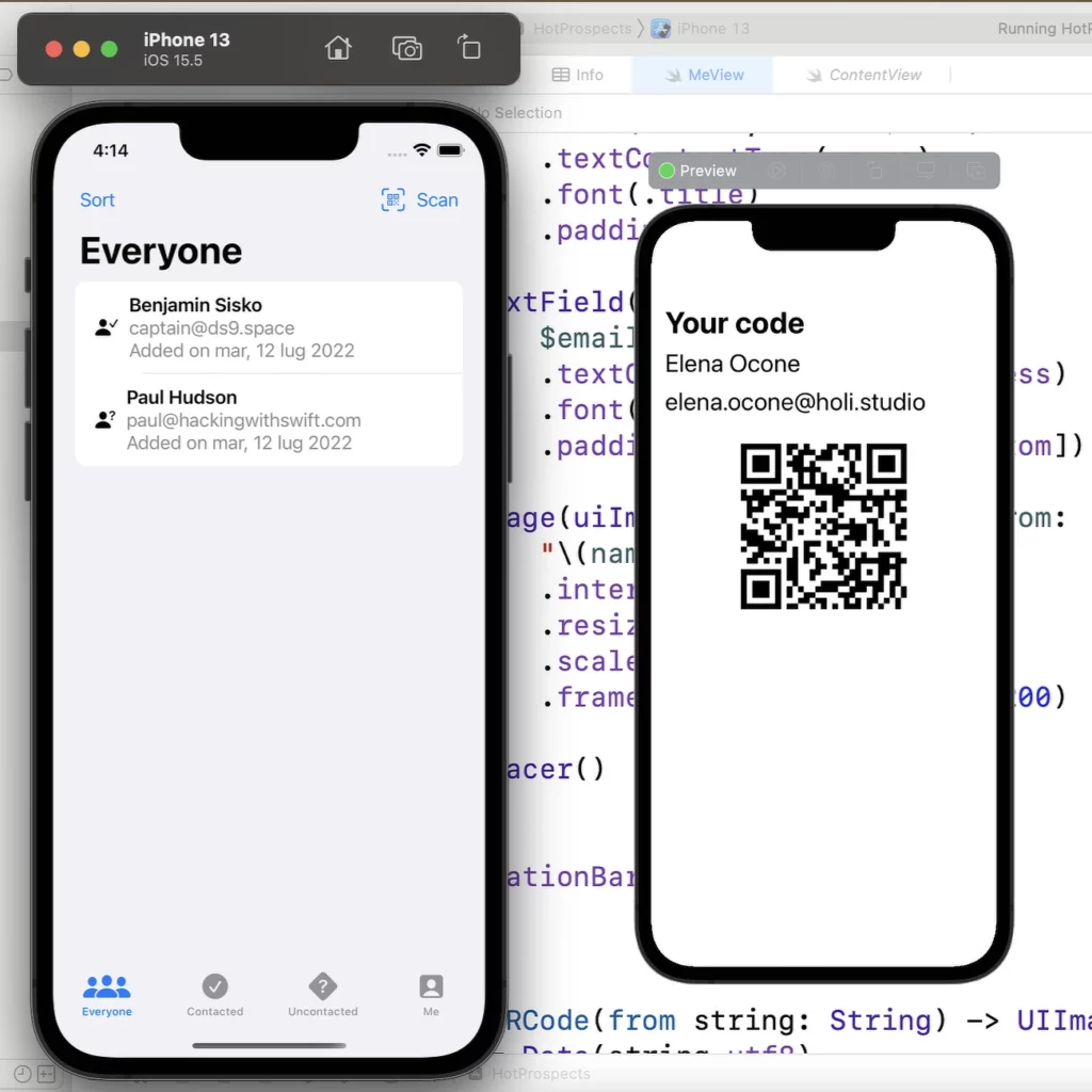 Screenhot del codice e del Simulator di Xcode durante lo sviluppo di Hot Prospects
