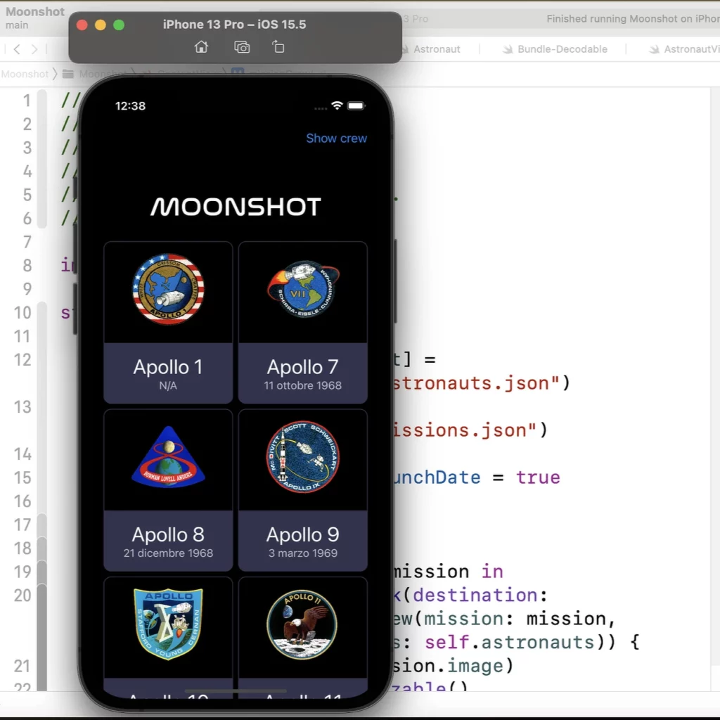 Screenhot del codice e del Simulator di Xcode durante lo sviluppo di Moonshot