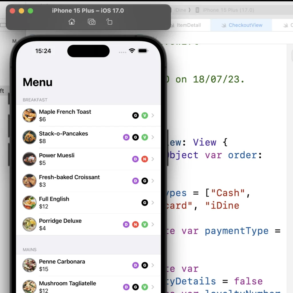 Screenhot del codice e del Simulator di Xcode durante lo sviluppo di MY-iDine